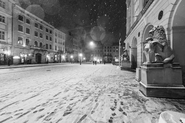Lviv, Ukrayna - 10 Aralık 2024: Geceleri Lviv 'de pazar meydanı