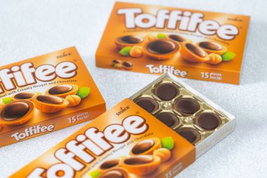 Lviv, Ukraine - February 1, 2025: Box of Toffifee caramel candies clipart