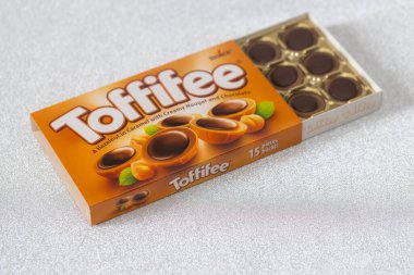 Lviv, Ukraine - February 1, 2025: Box of Toffifee caramel candies clipart