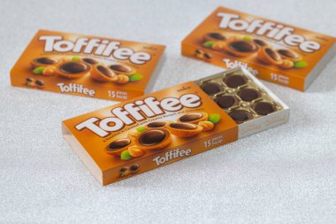 Lviv, Ukraine - February 1, 2025: Box of Toffifee caramel candies clipart