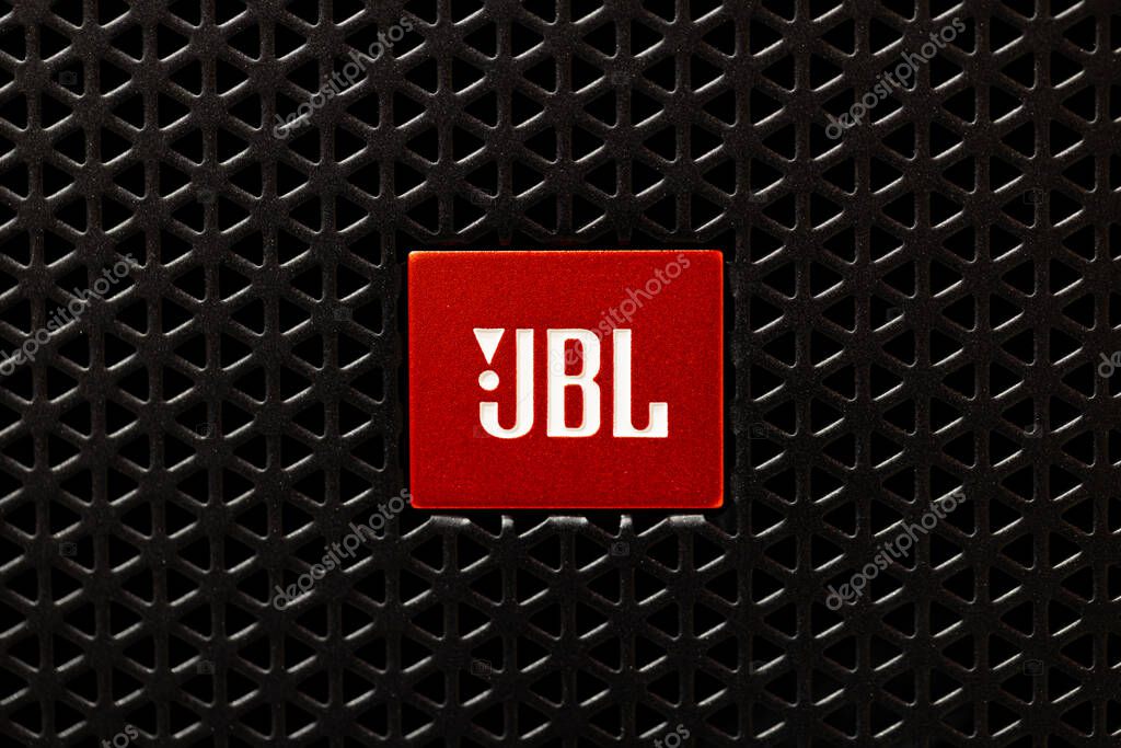 Lviv, Ukraine - April 3, 2025: Closeup of  JBL logotype on speaker