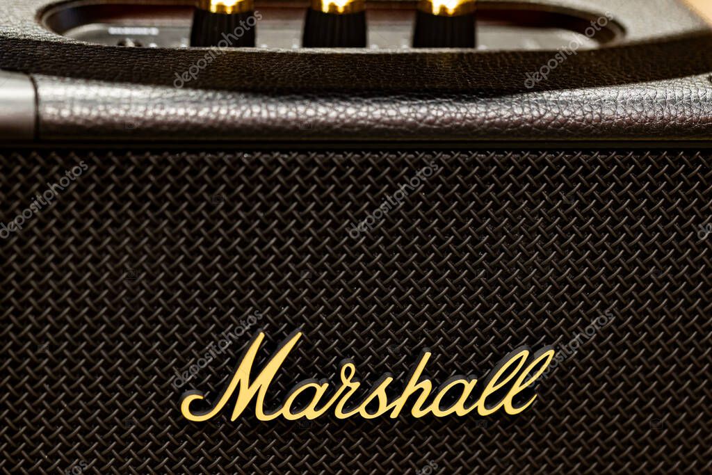 Lviv, Ukraine - September 2, 2024: Marshall logo on speaker