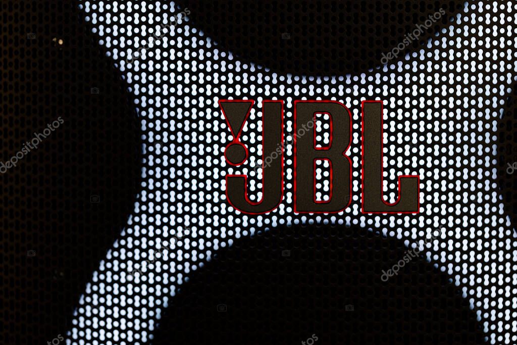 Lviv, Ukraine - April 3, 2025: Closeup of  JBL logotype on speaker