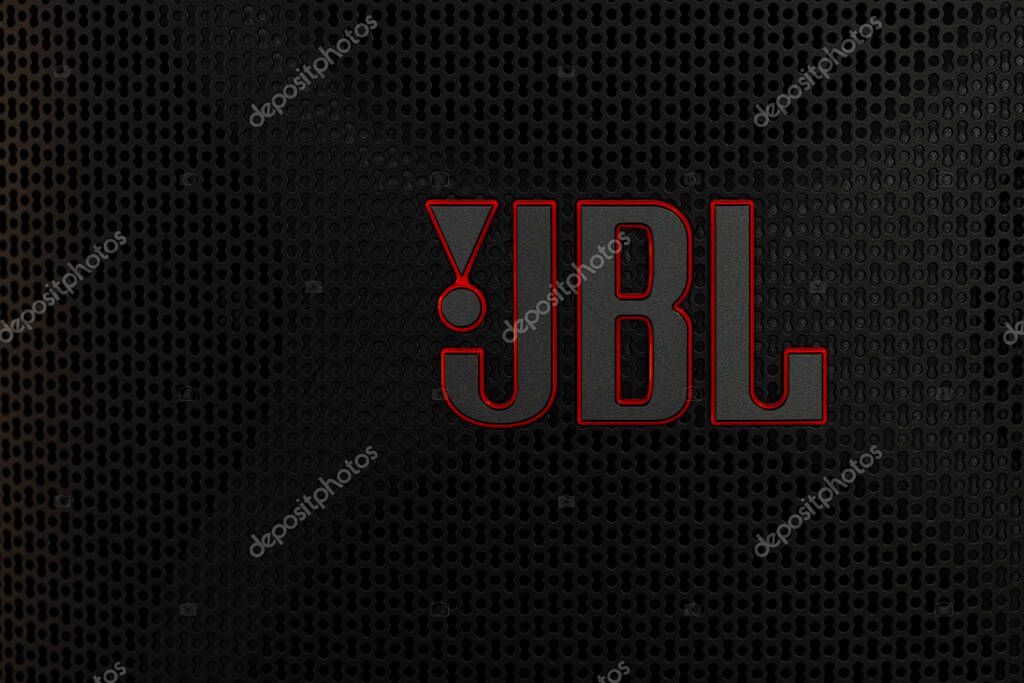 Lviv, Ukraine - April 3, 2025: Closeup of  JBL logotype on speaker