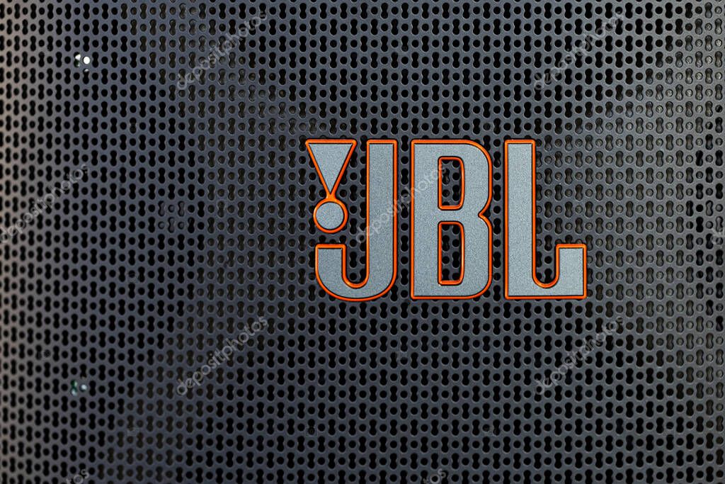 Lviv, Ukraine - April 3, 2025: Closeup of  JBL logotype on speaker