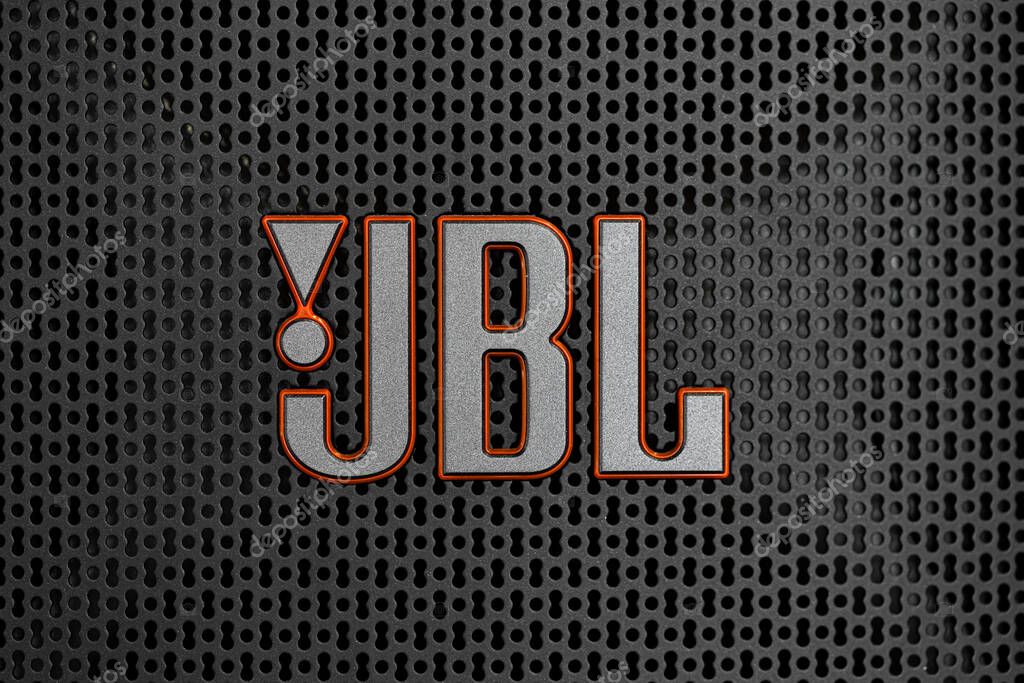 Lviv, Ukraine - April 3, 2025: Closeup of  JBL logotype on speaker