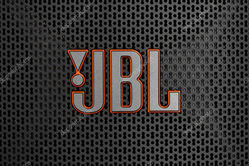 Lviv, Ukraine - April 3, 2025: Closeup of  JBL logotype on speaker