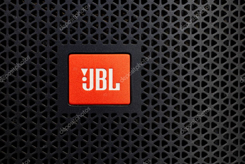 Lviv, Ukraine - April 3, 2025: Closeup of  JBL logotype on speaker