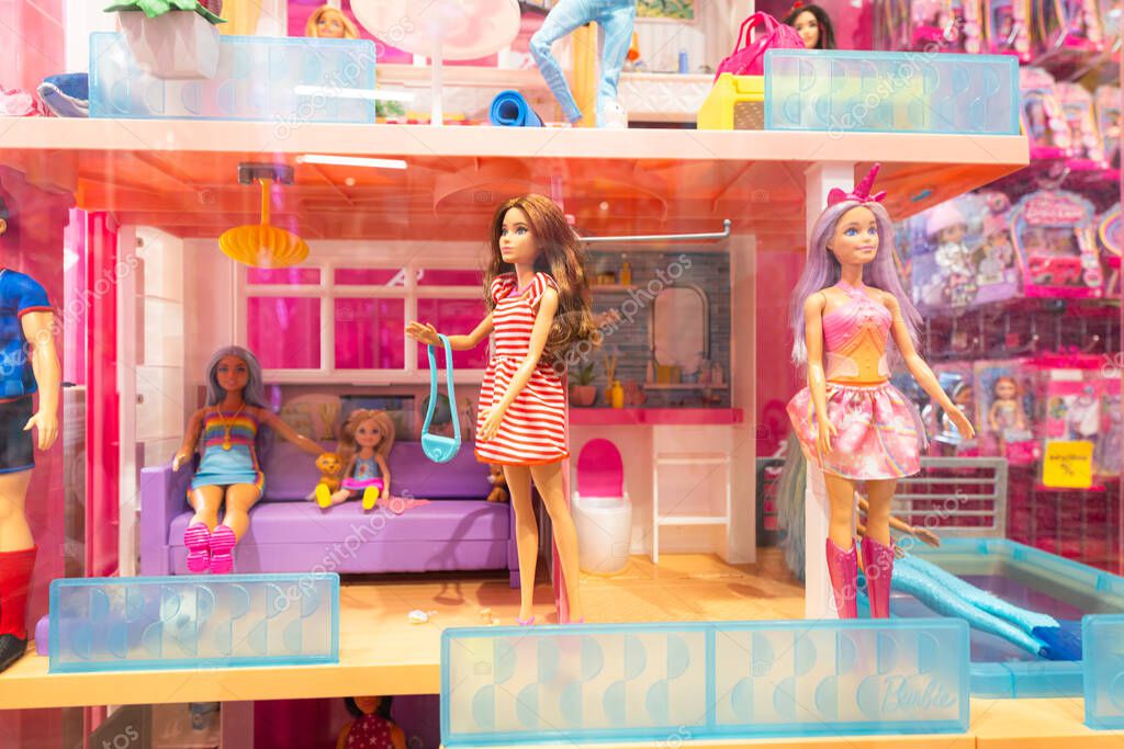 Lviv, Ukraine - April 16, 2025: Barbie dolls in toy store