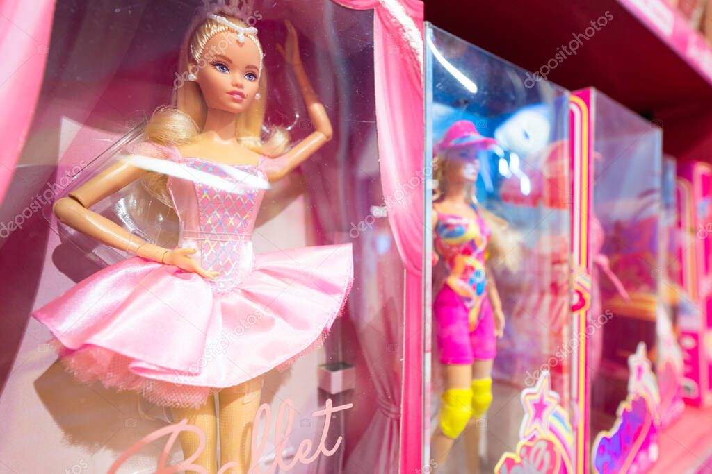 Lviv, Ukraine - April 16, 2025: Barbie dolls in toy store