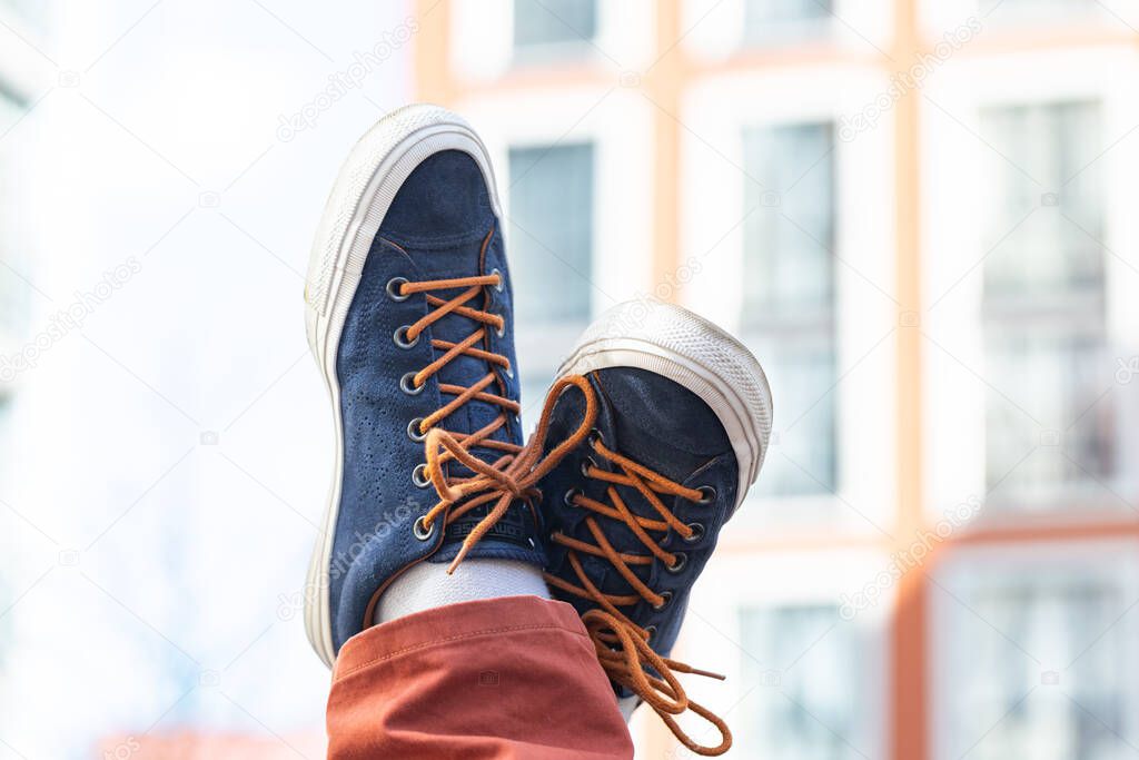 Lviv, Ukraine - April 20, 2025: Converse All Stars sneakers on man feet