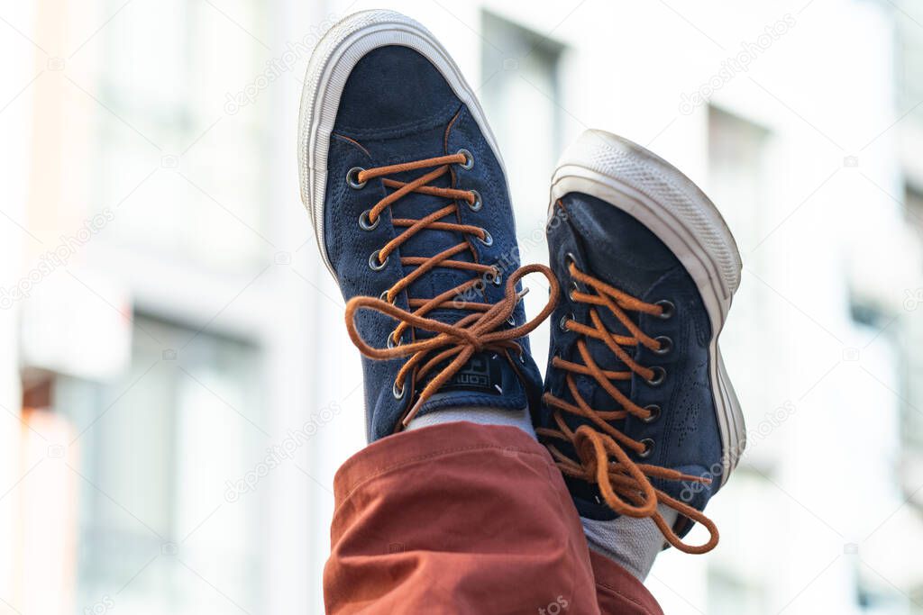 Lviv, Ukraine - April 20, 2025: Converse All Stars sneakers on man feet