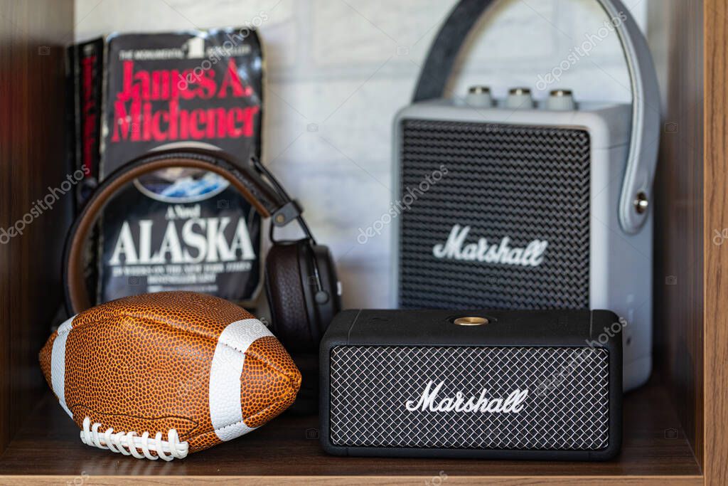 Lviv, Ukraine - October 26, 2024: black Marshall Portable Speaker