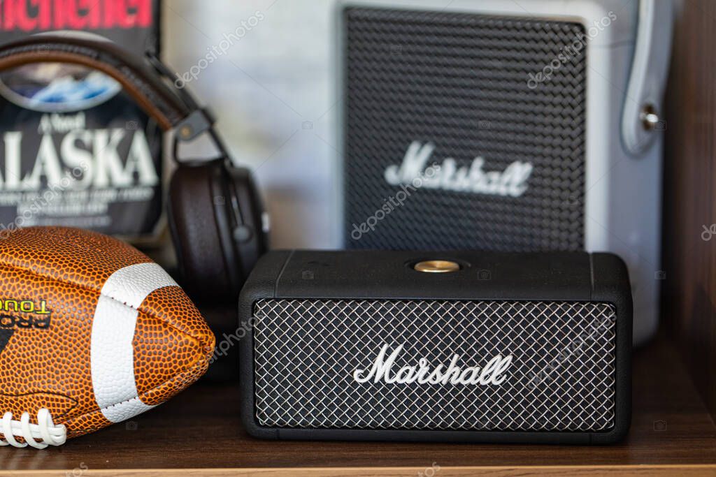 Lviv, Ukraine - October 26, 2024: black Marshall Portable Speaker