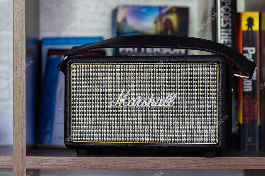 Lviv, Ukraine - October 26, 2024: black Marshall Portable Speaker