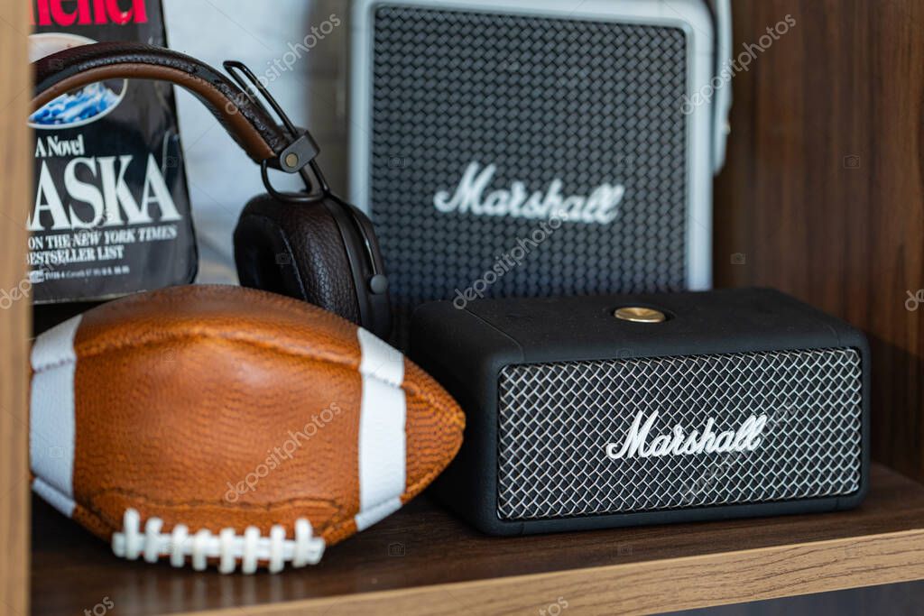 Lviv, Ukraine - October 26, 2024: black Marshall Portable Speaker