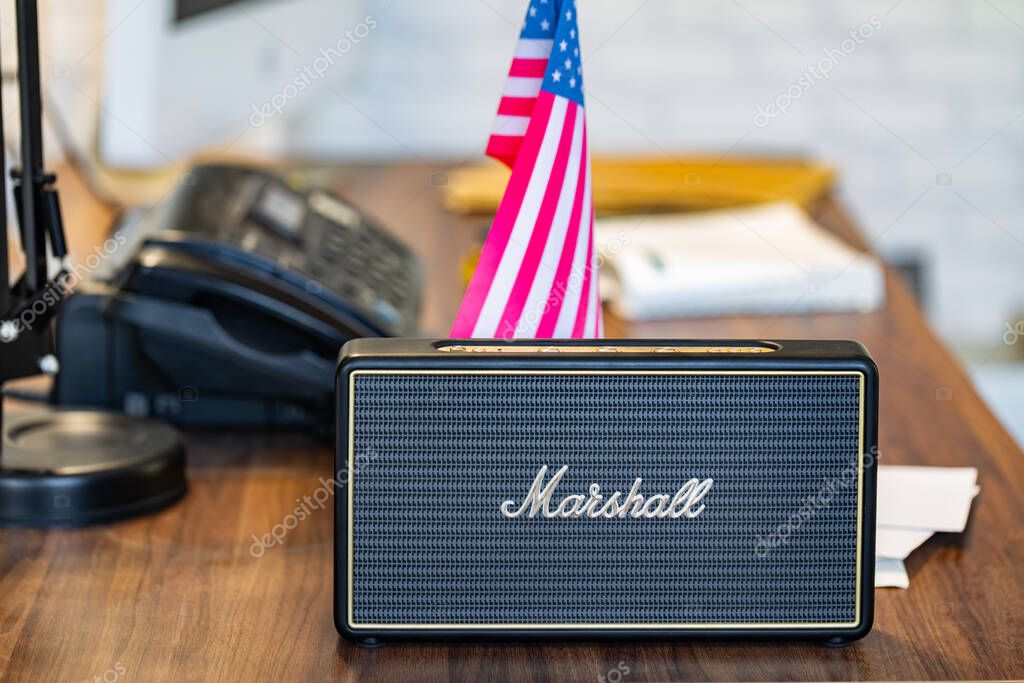 Lviv, Ukraine - October 26, 2024: black Marshall Portable Speaker