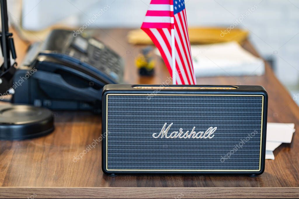Lviv, Ukraine - October 26, 2024: black Marshall Portable Speaker