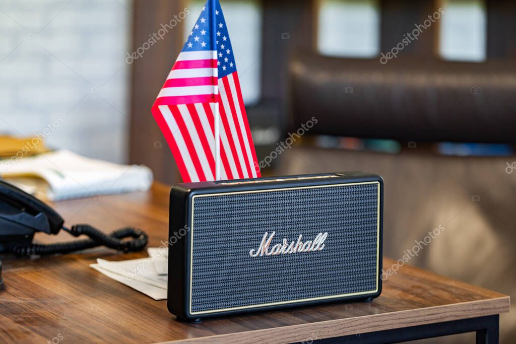 Lviv, Ukraine - October 26, 2024: black Marshall Portable Speaker