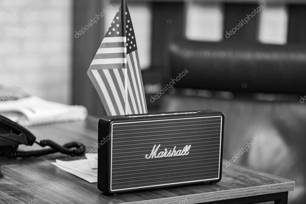Lviv, Ukraine - October 26, 2024: black Marshall Portable Speaker