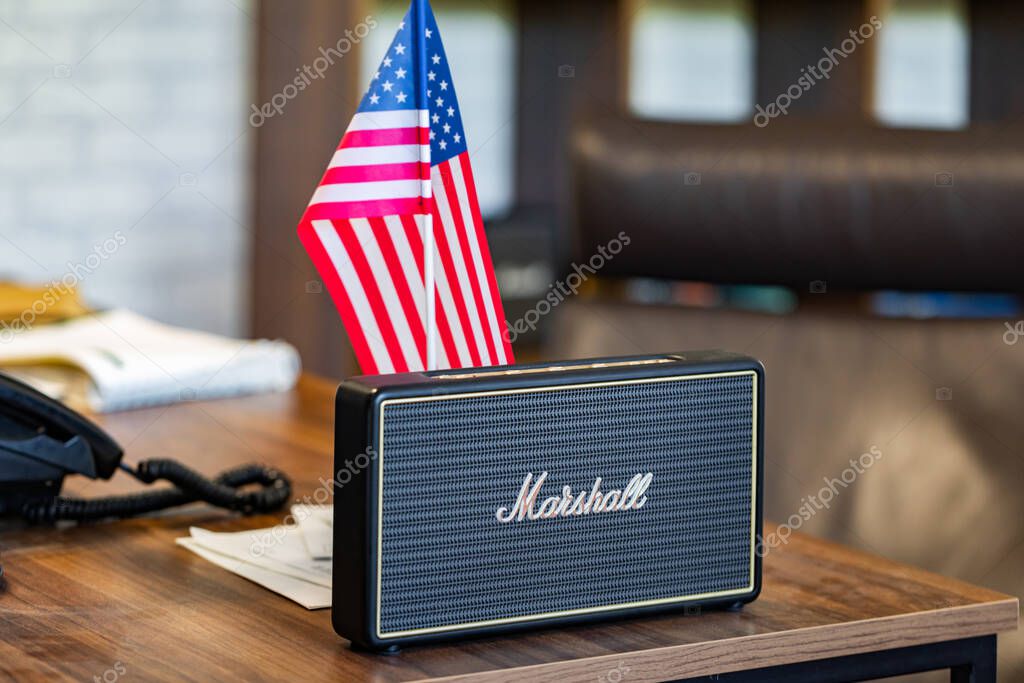 Lviv, Ukraine - October 26, 2024: black Marshall Portable Speaker
