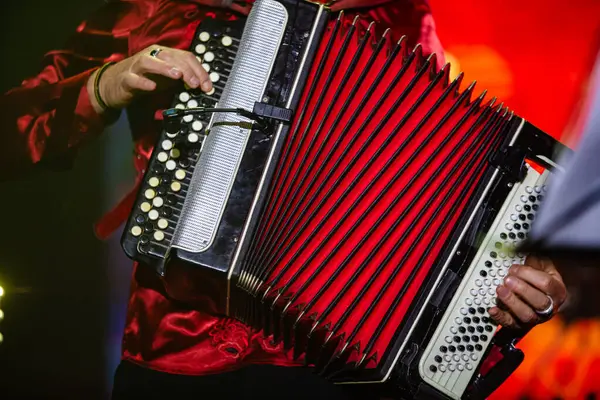 Kırmızı Gömlekli Müzisyen Parlak Kırmızı Akordeon Çalıyor
