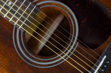 Akustik Gitar Ses Deliği ve Dizgilerinin Yakın Çekimi