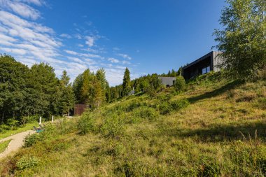 Karpatlar 'daki çimenli bir tepenin üzerinde bulunan ahşap ve metal cepheli modern kamaralar serisi. Güneş batıyor, binalara ve çevresindeki doğaya sıcak altın bir ışık saçıyor, arka planda yoğun bir orman görünüyor..