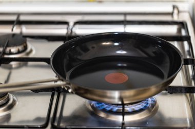 Lviv, Ukrayna - 16 Ağustos 2025: Mavi Alev Ocaklı Tefal Pan 'ın Yakın Çekimi