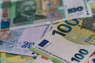 Bulgar Lev ve Euro Banknotlarının Düz Döşeme Kompozisyonu