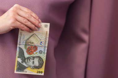 Ünlü bir yazarın portresi olan 200 Lei banknotunu tutan bir el..