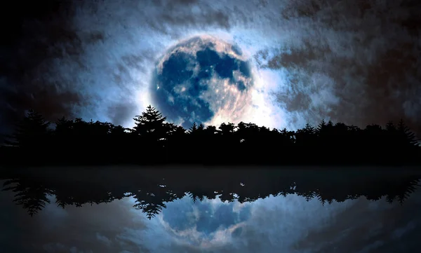 Lua Cheia Sobre Floresta Noite Com Reflexão Água Ilustração — Fotografia de Stock