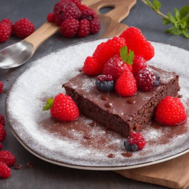 Chocolate cake with raspberries and blackberries on a plate. 