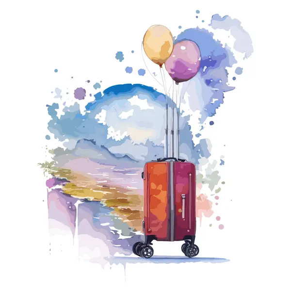 Vector Illustratie Van Een Koffer Met Ballonnen Achtergrond Van Zee — Stockvector