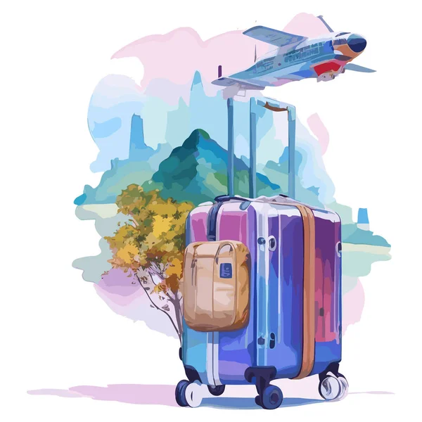 山の背景に飛行機を搭載した旅行スーツケースのベクトルイラスト — ストックベクタ