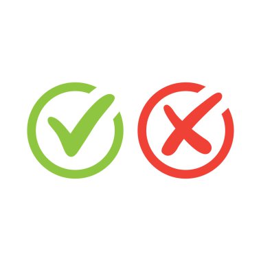 Kırmızı ve yeşil çemberde tik işareti, işaretli kutucuk vektör simgelerinde işaret. Evet ve hayır, doğru ve yanlış simgesi.