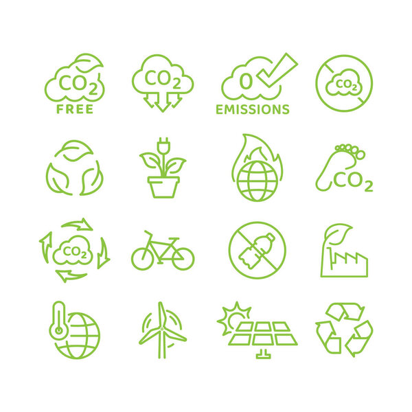 Zero emissions, carbon footprint reduction vector icon set. Ecology, environment outline icons.