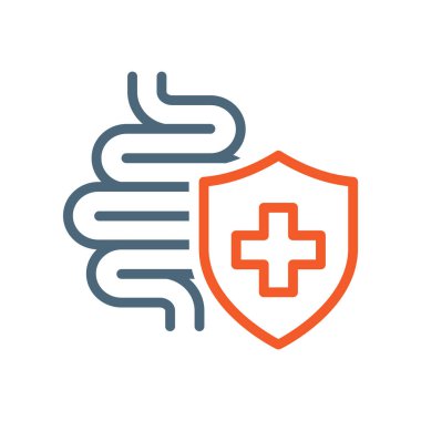 Kalkan çizgisi vektör ikonu olan bowlingler. Tıbbi haç işaretli ince bağırsaklar..