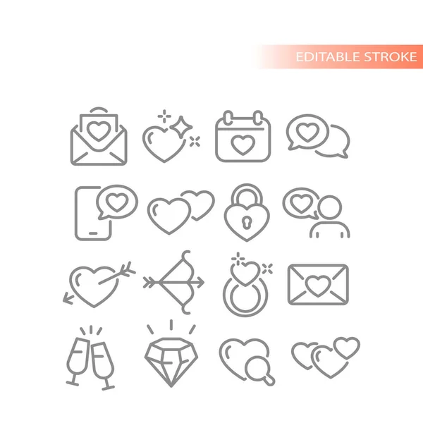 Love Dating App Line Vector Icon Set Dopis Zprávy Svatební — Stockový vektor