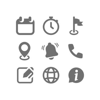 Web arayüzü doldurma vektör simgesi seti. Takvim, tarih, saat ve bizimle iletişim simgeleri.