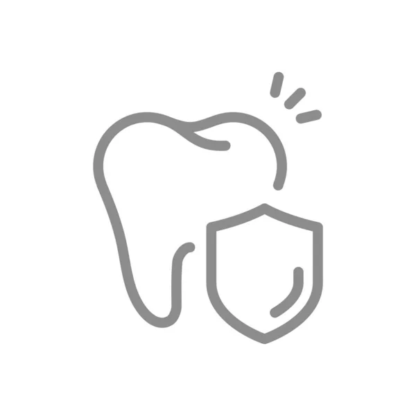 带有盾线矢量图标的牙齿 受保护的牙齿 牙齿护理或保险轮廓符号 — 图库矢量图片