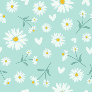 Daisy colorful seamless pattern in turquoise, white and yellow. Daisies vector print in color. clipart