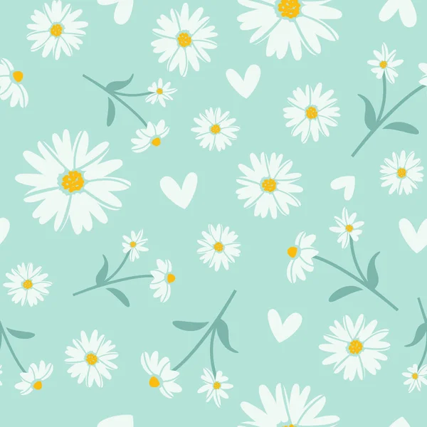 Daisy Colorful Seamless Pattern Turquoise White Yellow Daisies Vector Print — Stock Vector