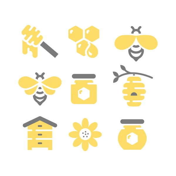 Honey Bee Honeycomb Fill Vector Icon Set Jar Honey Dipper — Stock Vector
