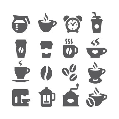 Kahve çekirdeği, fincan ve yapıcı vektör ikonu hazır. Gidecek kahve, ütü ve değirmen ikonları.