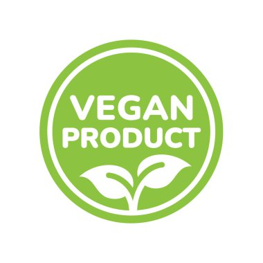 Vegan ürün vektör etiketi. Yaprak simgesiyle yeşil amblem.