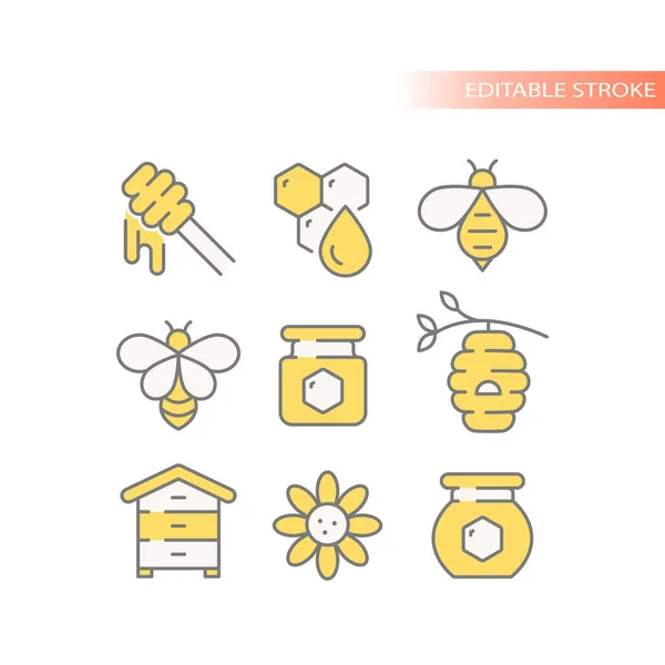 Honigbiene Glas Vektor Line Icon Set Bienenstock Wabenumrisse Symbole Vektorgrafiken