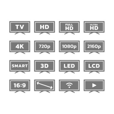 Televizyon seti, ekran çözümleri ve akıllı televizyon simgeleri. Tam HD, Öncü ekran, orantı ve görüntü vektör simgesi seti.