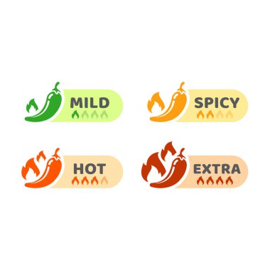 Kırmızı biber, ateş alevleriyle hafif ve sıcak etiket. Baharatlı ve ekstra acı biber ikonu seti..