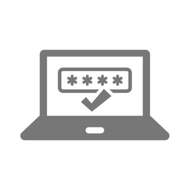 İşaretli simgesi olan dizüstü bilgisayar ve parola maskeli karakterler. Güvenli giriş veya giriş bilgisayar vektörü yok.